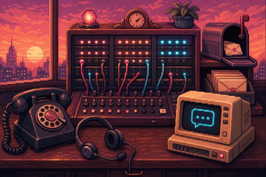 Retro pixel santral masası: çevirmeli telefon, kulaklık ve sohbet ekranı